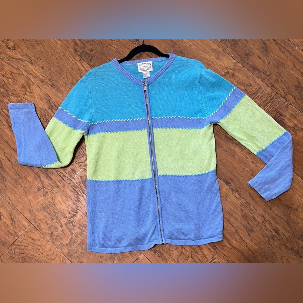 Stitches color block zip up knit sweater v neck long sleeve bright Sz small vntg
